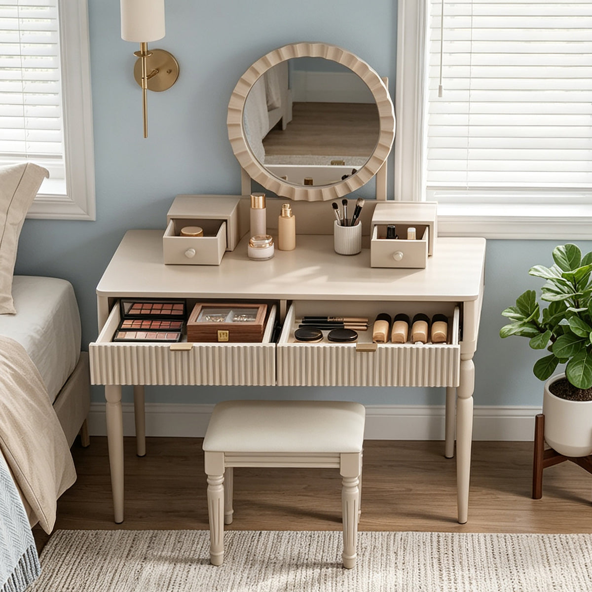 Luxury Vanity Desk with Round Mirror,Height-Adjustable, Stylish Dressing Table Set, 4 Drawers & Stool, Champagne