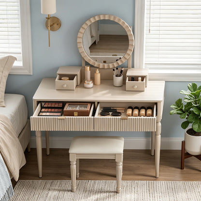 Luxury Vanity Desk with Round Mirror,Height-Adjustable, Stylish Dressing Table Set, 4 Drawers & Stool, Champagne