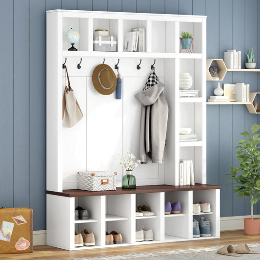 Farmhouse Wooden Hall Tree with 6 Hooks, Walnut Storage Bench with Adjustable Shelves – White