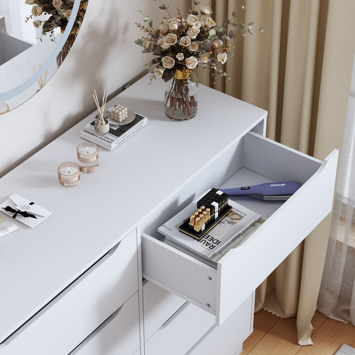 White Dresser, Long Dresser with 8 Drawers, 47.2''W Wooden Dressers Chest of 8 Drawers, Large Capacity Clothing Storage Cabinet
