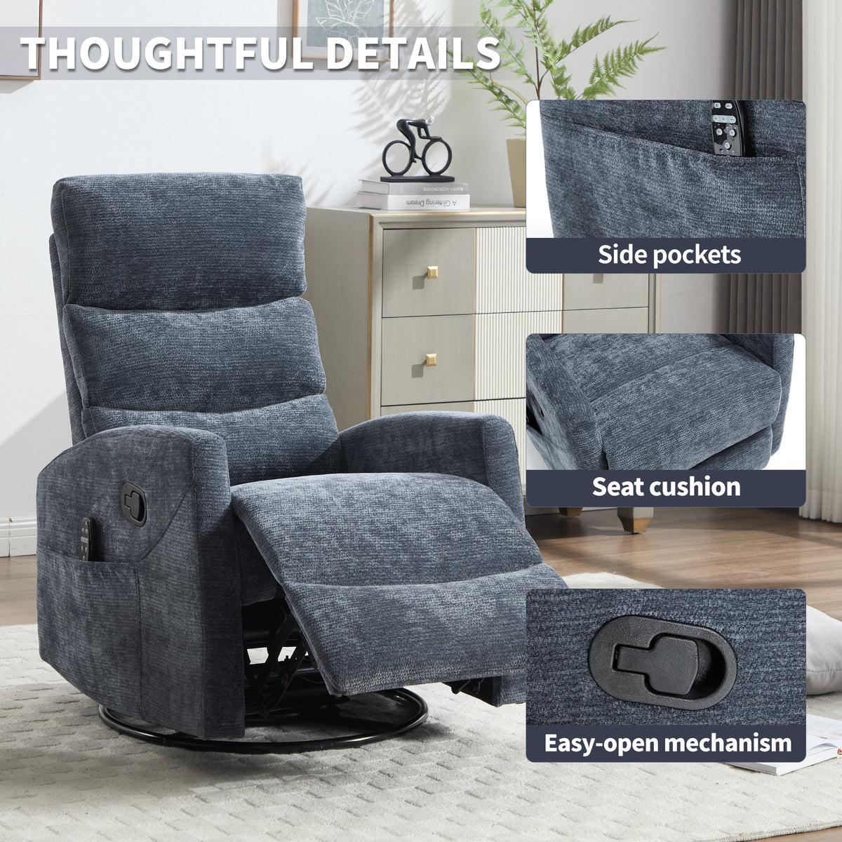 Heat Massage Manual Recliner Chair with Rocker and Swivel in Fabric, Blue – Model W3224P322248