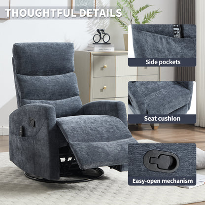 Heat Massage Manual Recliner Chair with Rocker and Swivel in Fabric, Blue – Model W3224P322248