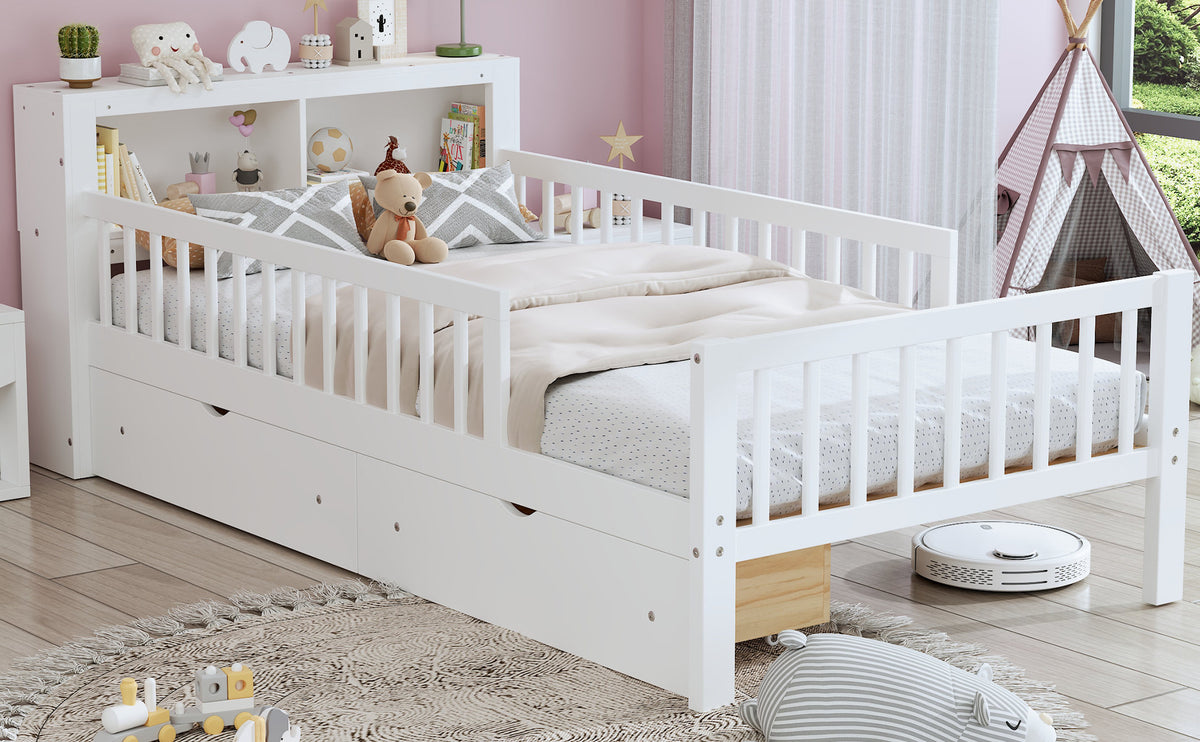 Twin Size Bed with Headboard Storage Rack, Two Under-Bed Drawers, Three-Side Guardrails for Safety and Security, White