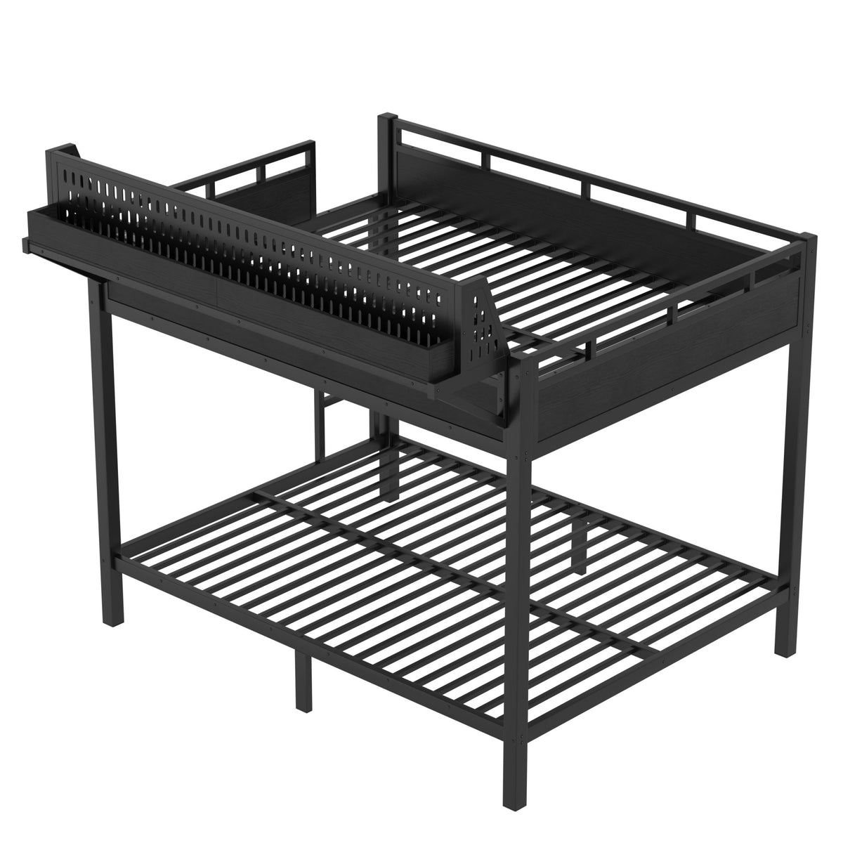 Queen over Queen Size Metal Bunk Bed with Storage Shelves and Pegboard, Bunk Bed Frame with USB Ports and LED Lights, Space-Saving, for Teens and Adults, Black