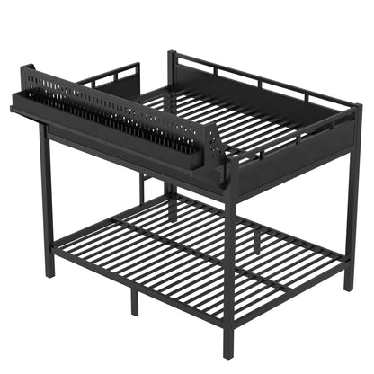 Queen over Queen Size Metal Bunk Bed with Storage Shelves and Pegboard, Bunk Bed Frame with USB Ports and LED Lights, Space-Saving, for Teens and Adults, Black