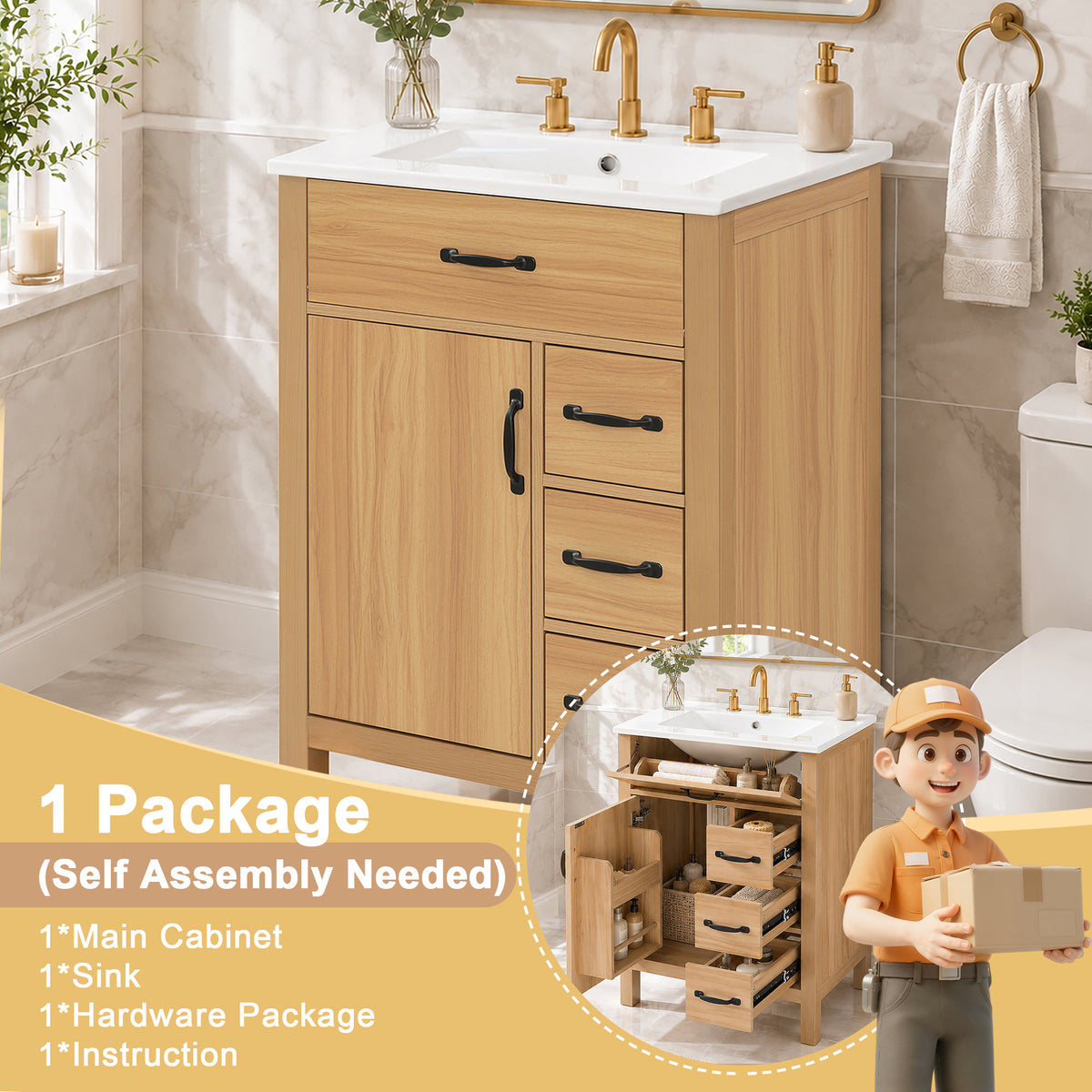 24 Inch Modern Traditional Bathroom Vanity with Ceramic Sink, MDF Cabinet & Solid Wood Legs, Black Zinc Alloy Handles, Wood Grain Melamine Finish