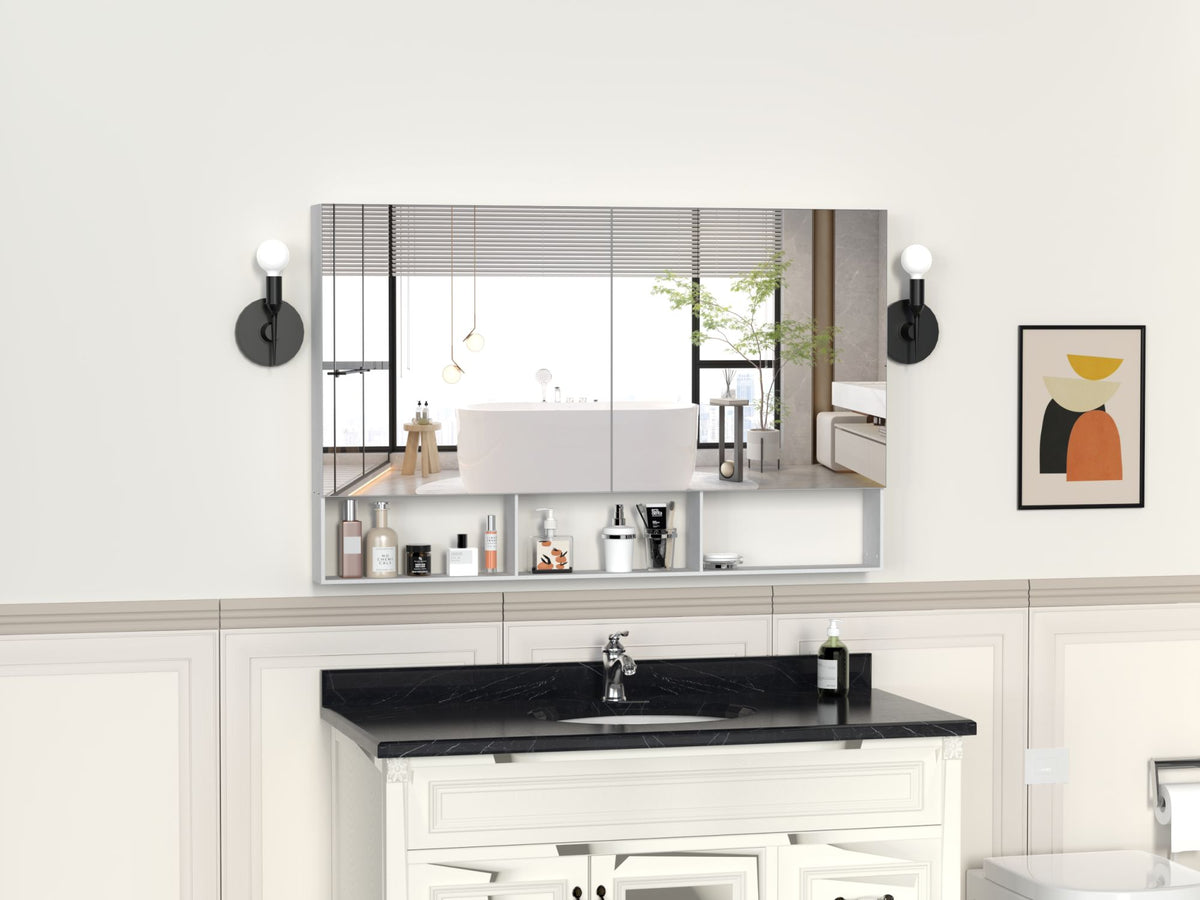 48X30 Medical Cabinet with Mirror, suitable for bathroom, wall-mounted bathroom mirror, with storage function, adjustable shelves, aluminum frame, surface-mounted, silver