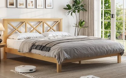 Queen Platform Bed with ''X'' Design Headboard, Bamboo-made Bed Frame Queen Size with Suppport Slats, Mid-century Style, Natural