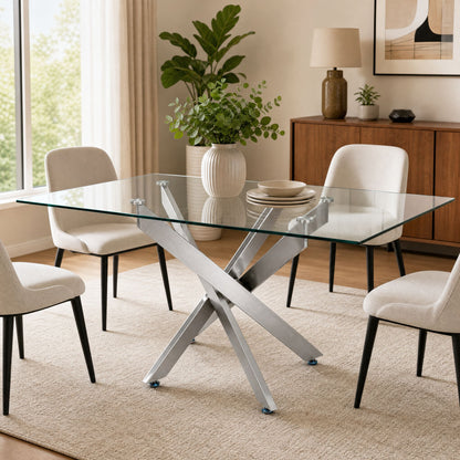 Modern Rectangular Glass Table, 47.24 Inches Of Tempered Glass With A Silver Frame.Kitchen Table Set for Dining Room, Party Table,Conference table,Living Room,Office,Cafe,Home Kitchen,Bedroom