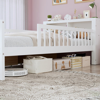 Twin Size Bed with Headboard Storage Rack, Two Under-Bed Drawers, Three-Side Guardrails for Safety and Security, White
