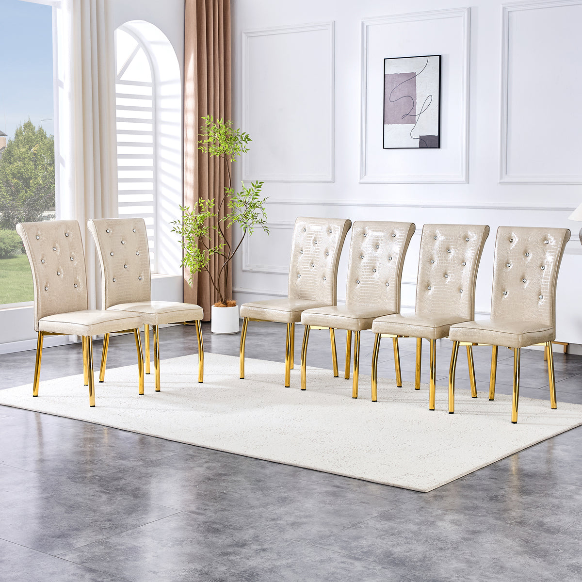 A set of 2 beige and gold vintage crocodile leather cushioned dining chairs, featuring crystal clasp design and artificial leather design, adding a touch of elegance and mystery to the dining area