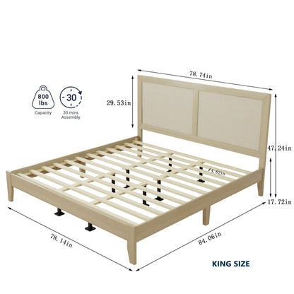 Solid Wood Platform King Bed With Rattan