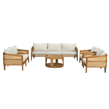TOPMAX 5-Piece Acacia Wood Patio Furniture Set, Modular Outdoor PE Rattan Sofa Set with Loveseat, 2 Armchairs & Round Coffee Table, Water-Resistant Cushions for Backyard Poolside, Beige