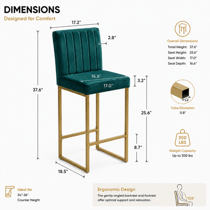 25.6 Inch Counter Height Bar Stools Set of 2 with Velvet Cushion and Back Modern Bar Chairs for Kitchen Island Counter with Metal Leg for Restaurant Dining Room Office, Green and Gold