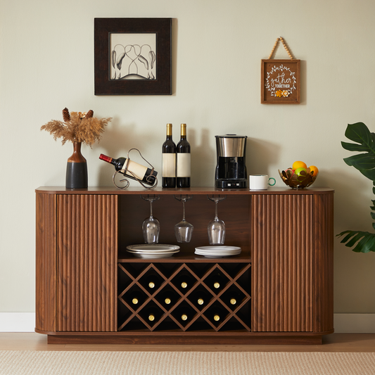 58' Modern Wavy Curve Sideboard-Multifunctional storage cabinet with wine rack and glassware holder, adjustable shelves for wine storage and coffee bar, suitable for kitchens and dining rooms.Walnut