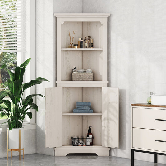 Tall Corner Cabinet with Doors, Dining Room or Kitchen, Beige