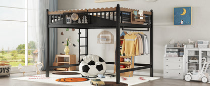 Queen Size Loft Bed with Ladders, Metal Loft Bed with Storage Shelves and bookshelf, No Box Spring Needed and Chic Design, Black
