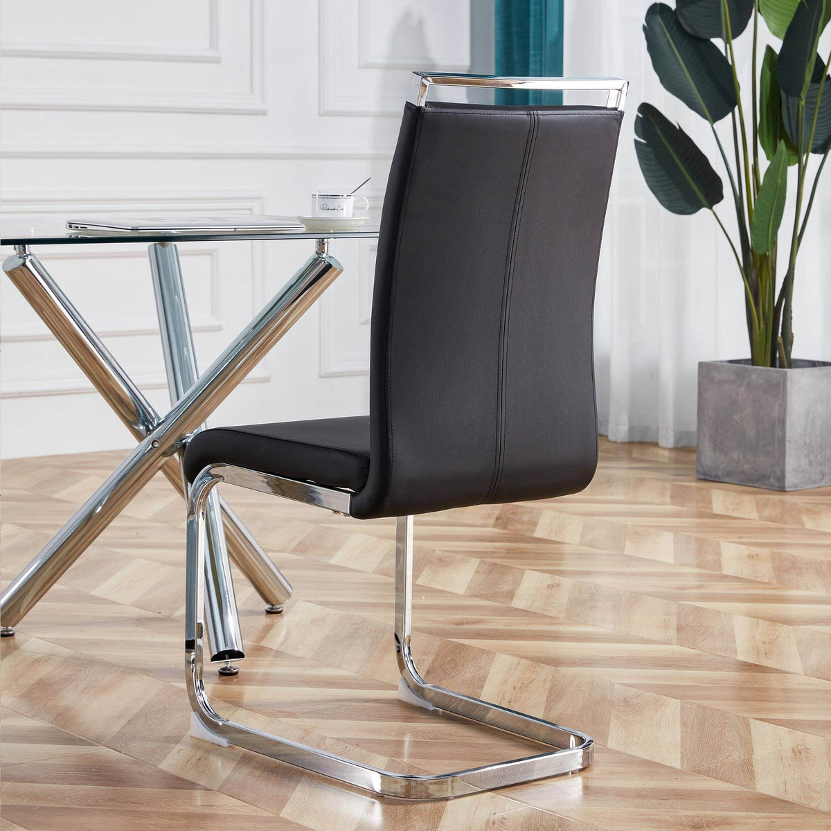 Modern Dining Chairs,PU Faux Leather High Back Upholstered Side Chair with C-shaped Tube Chrome Metal Legs for Dining Room Kitchen Vanity Patio Club Guest Office Chair (Set of 4)(Black+PU Leather)1162