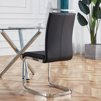 Modern Dining Chairs,PU Faux Leather High Back Upholstered Side Chair with C-shaped Tube Chrome Metal Legs for Dining Room Kitchen Vanity Patio Club Guest Office Chair (Set of 4)(Black+PU Leather)1162