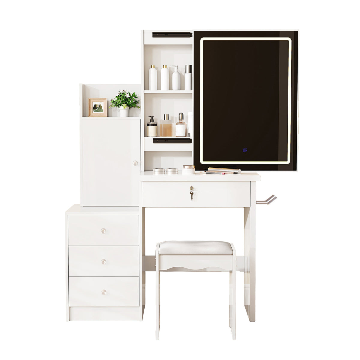 Vanity Desk Set with Sliding Lighted Mirror, Makeup Dressing Table with 4 Drawers & 9 Storage Spaces