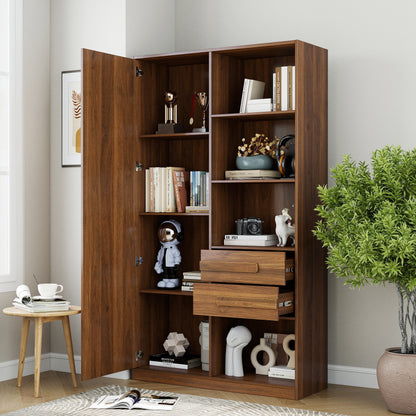 Freestanding Storage Cabinet, Tall cabinet with fluted Door, 2 Drawers & Open Shelves, Multi-Purpose Organizer for Bedroom, Living Room, Entryway
