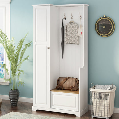 Stylish Design Hall Tree with Flip-Up Bench, Minimalist Hallway Shoe Cabinet with Adjustable Shelves, Multifunctional Furniture with Hanging Hooks for Entryways, Mudroom, White (OLD SKU: WF304223AAK)