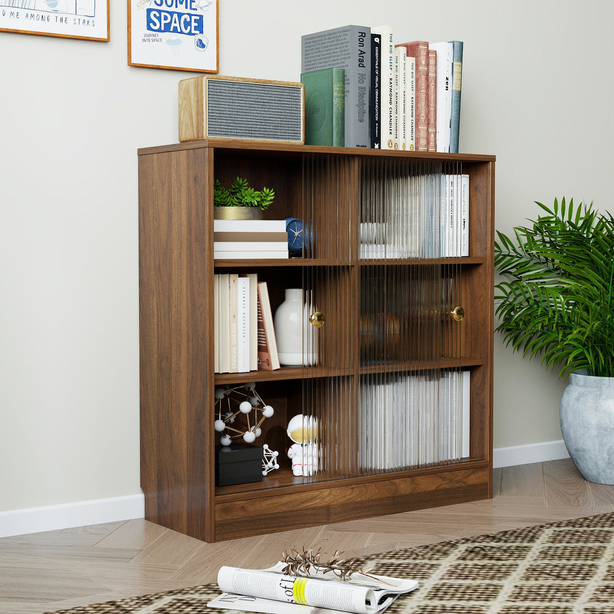 Bookshelf with 2-Door  Glass Cabinet, 3-Tier Open Storage Book Case, Modern Display Storage Cabinet for Living Room, Home Office