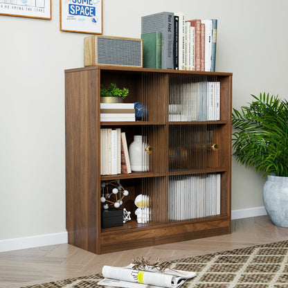 Bookshelf with 2-Door  Glass Cabinet, 3-Tier Open Storage Book Case, Modern Display Storage Cabinet for Living Room, Home Office