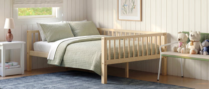 Full Size Daybed, 3-Sided Vertical Slat Guardrail Bed Frame, Breathable Wooden Slat Support Leisure Bed for Home Bedroom,Natural