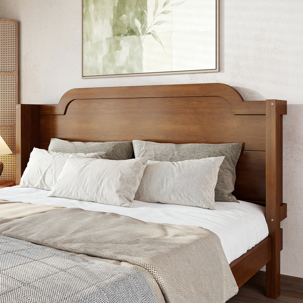 Queen Solid Wood Platform Bed with Headboard Brown Finish & Minimalist Design, Easy Assembly, No Box Spring Needed Traditional Wood Bed Frame.Brown