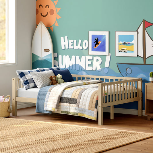 Full Size Daybed, 3-Sided Vertical Slat Guardrail Bed Frame, Breathable Wooden Slat Support Leisure Bed for Home Bedroom,Natural