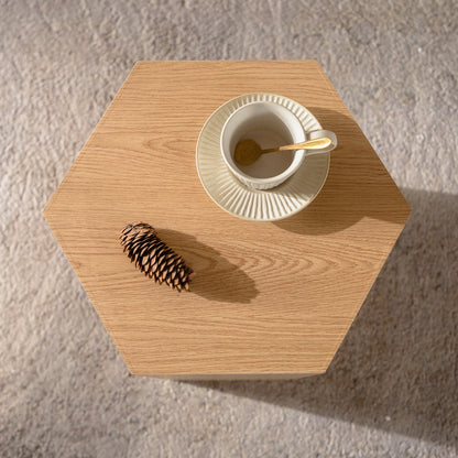 Hexagon MDF Coffee Table - Nature Wood Grain Sticker Side Table, Modern Fully Assembled End Table for Small Spaces (Living Room/Bedroom, 15.75"×13.58"×18.9")