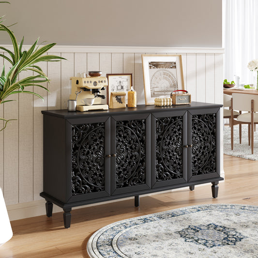 60" Antique Buffet Cabinet with Floral Carvings with Solid Wood Legs&Antique Brass Handles&Adjustable Shelves, TV Stand for 65''+ TV - Black