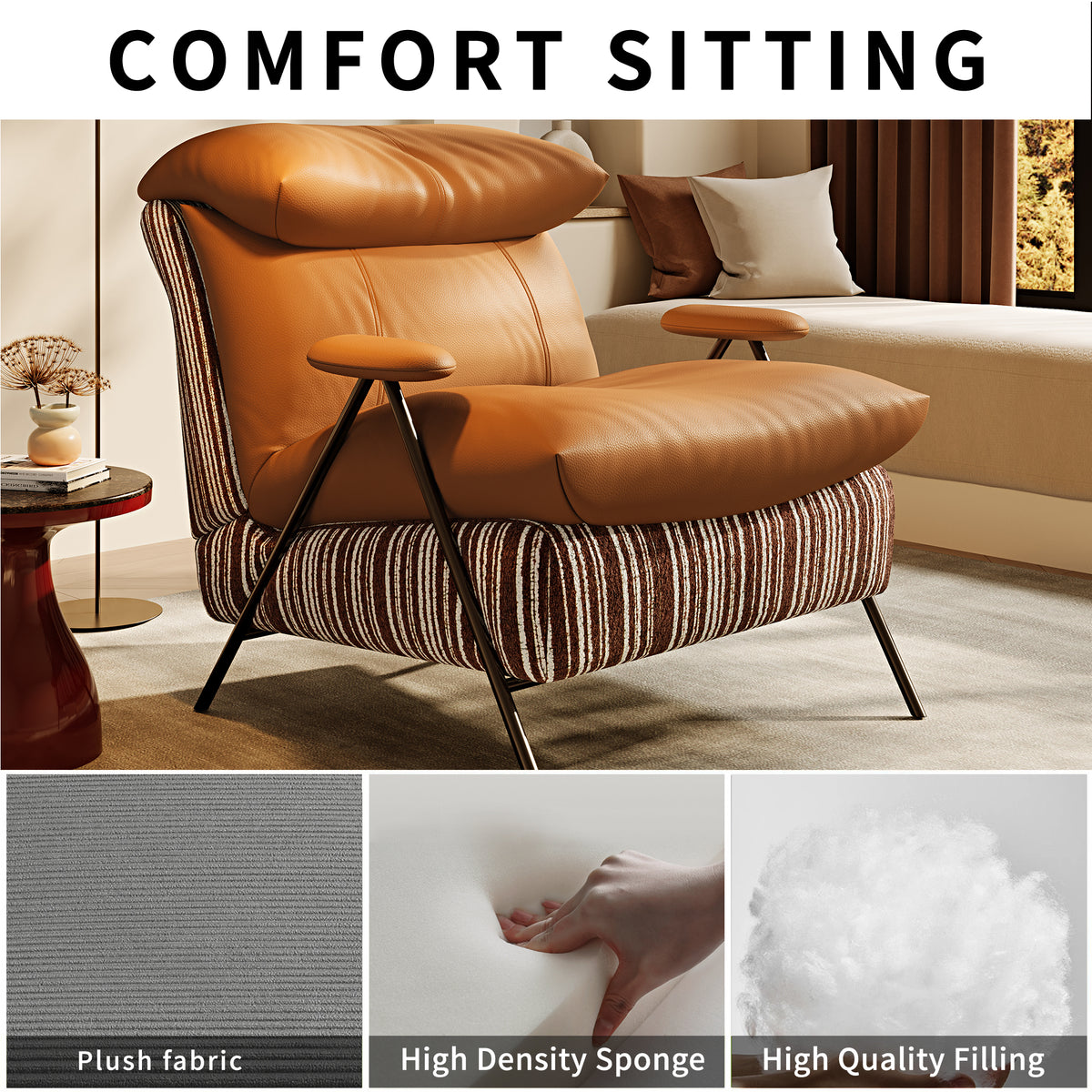 Minimalist casual single chair with solid wood frame, upholstered in leather and chenille fabric. It provides perfectly balanced soft-firm seating comfort and fits balconies, living rooms and bedrooms