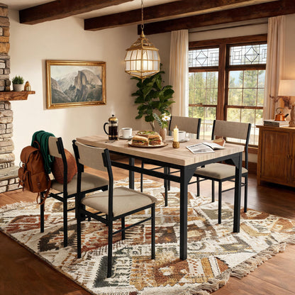 5-Piece Dining Table Set for 4, 47.24" Dining Table with 4 Upholstered Linen-Look Chairs, Black Metal Frames, Modern Kitchen & Dining Room Furniture