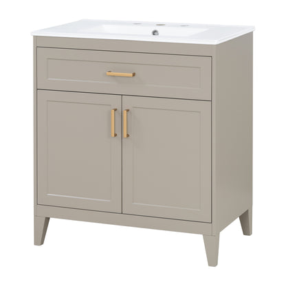 [Video] 30" Bathroom Vanity with Ceramic Sink Top, Solid Wood Legs, Soft-Close Double Doors & Tip-Out Drawer, Adjustable Interior Shelf, Door-mounted Organizers, Beige