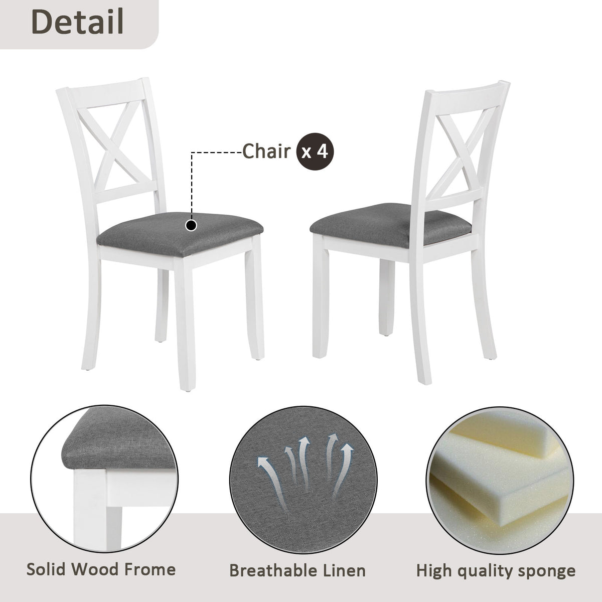 Modern 5-Piece Dining Table Set with 4 Chairs for Kitchen or Dining Room - Grey & White Two-Tone