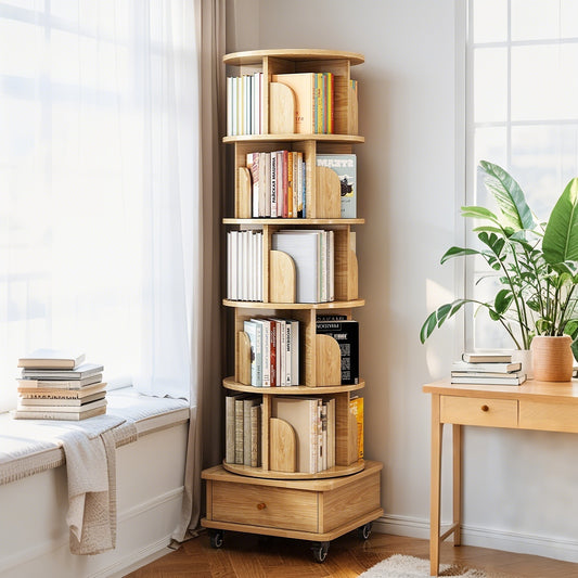 6 Tier Rotating Bookshelf, 360° Display Round Spinning Bookshelf with Wheels and Drawer, Space-Saving, Small Space Rotating Bookshelf Tower – Natural