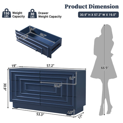 Mid Century 6-Drawer Dresser for Bedroom, 57.2" Wide Modern Push-to-Open Chest of Drawers, TV Stand for Living Room, Thickened Base,Vanity Desk, Drawers Organizer Furniture, Hallway,Deep Sea Blue