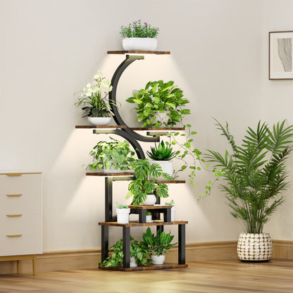 8-Tier Indoor Plant Stand with 5 Grow Lights, Rustic Brown MDF+Metal, 10-Level Dimming, 62-Inch Tall for Living Room or Garden
