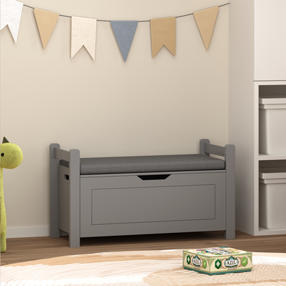 Kids Toy Box Chest for Boys Girls, Large Storage Cabinet with Cushion Seat Bench/ Flip-Top Lid/ Safety Hinge, Toy Storage Organizer Trunk for Nursery, Playroom (Gray)
