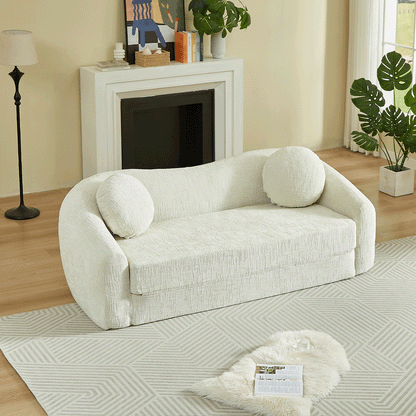86-inch Curved Convertible Sofa Recliner, 2-in-1 Frameless Folding Sofa Bed with Pull-Out Base and Deep Seat Design, Chenille Two-Seater Reclining Sofa, No Assembly Required  beige