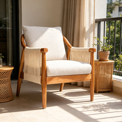Accent Chair, Solid Hardwood Frame with Hand-Woven Paper Rope Arm, Mid-Century Modern Armchair with Soft Linen-Blend Cushion, Natural Wood Finish for Living Room, Bedroom, Reading Nook, Entryway