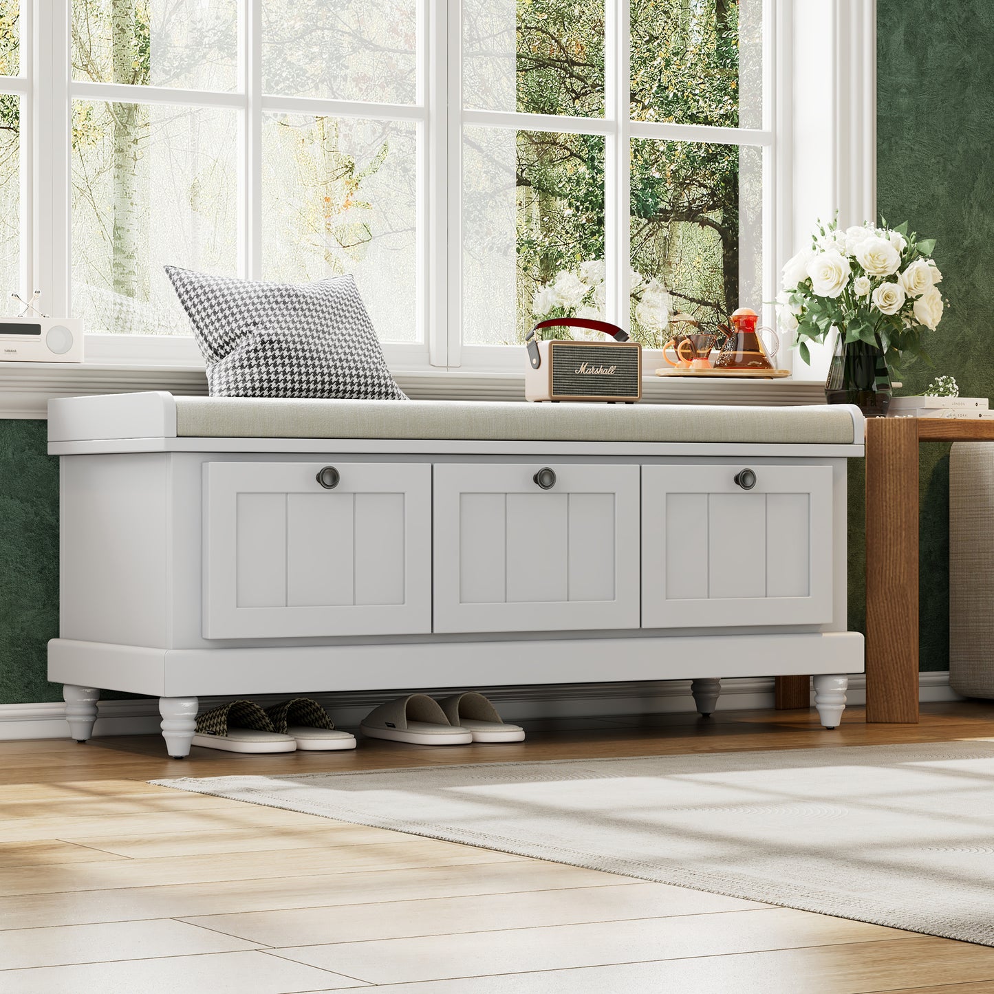 TREXM Classic Shoe Bench with Cushion and Three Drawers, Fluted Entryway Bench with Storage for Living Room, Entryway, and Hallways (Light Gray, OLD SKU: N715P207812E )