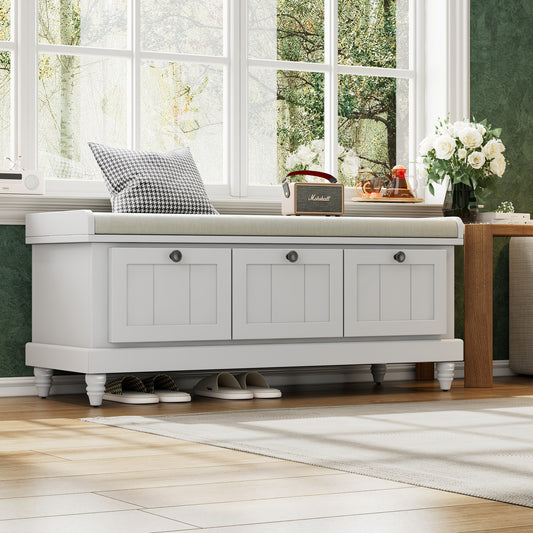 TREXM Classic Shoe Bench with Cushion and Three Drawers, Fluted Entryway Bench with Storage for Living Room, Entryway, and Hallways (Light Gray, OLD SKU: N715P207812E )