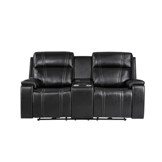 GARY BLACK LEATHER POWER CONSOLE RECLINING LOVESEAT WITH COOLER