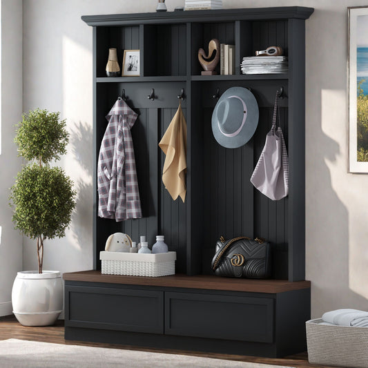 Farmhouse 4-in-1 Hall Tree with Wood Grain Bench, Mudroom Versatile Coat Rack with 2 Large Drawer, Entrance Organizer, Black, 55.9" W