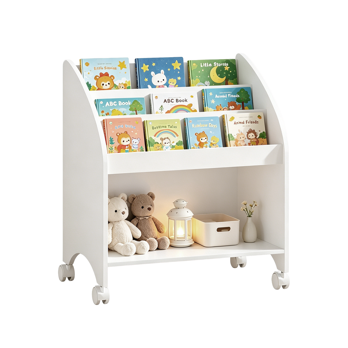 Kids Bookshelf with Wheels, 3-Tier Front Display Bookcase, MDF Rolling Book Organizer with 360° Lockable Casters, Children Storage Shelf for Nursery Bedroom Playroom