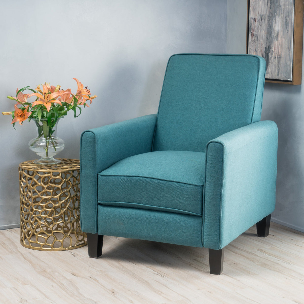 27.5" Push Back Recliner Chair Upholstered Recliner Armchair with Solid Rubber Wood Legs for Living Room and Bedroom(Old SKU:52422.00FDTE), DARK TEAL