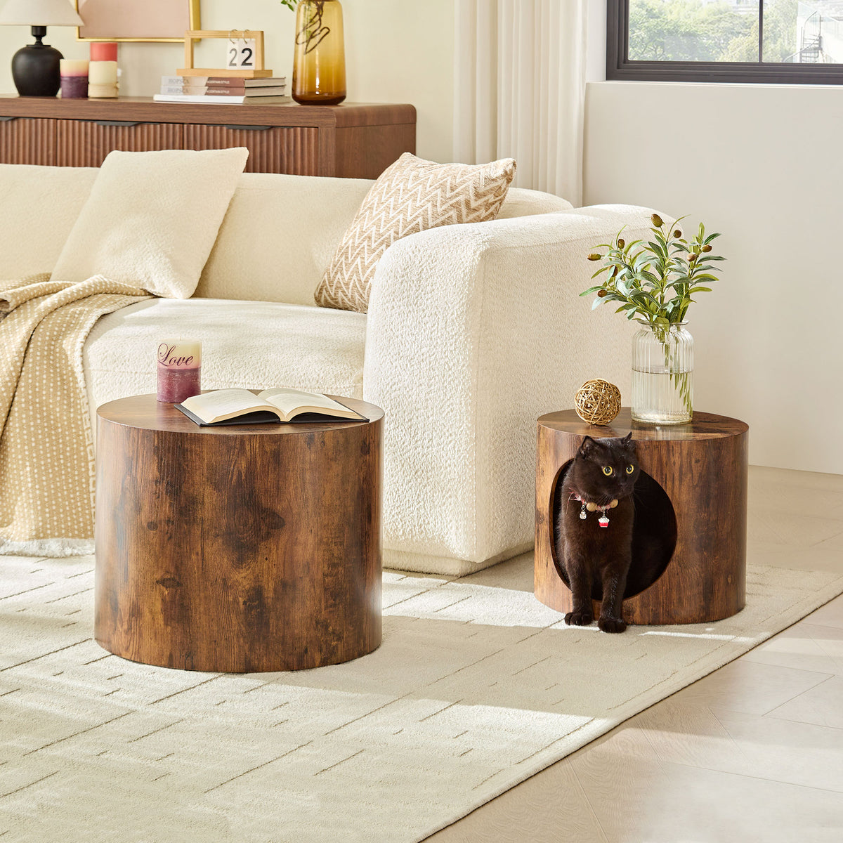 Cat Nest Nesting Stool Set Round Nesting Coffee Table Set of 2 for Living Room,No Assembly Dark Brown